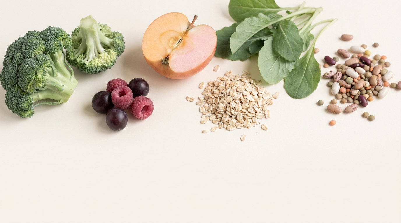 Fiber-rich foods — broccoli, berries, apple, leafy greens, oats, and beans